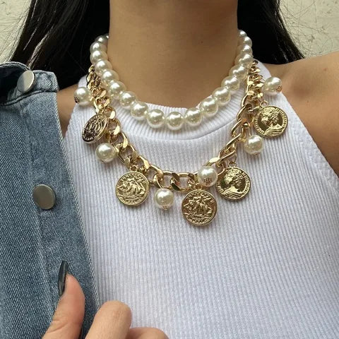 Regal Pearl & Coin Layered Necklace