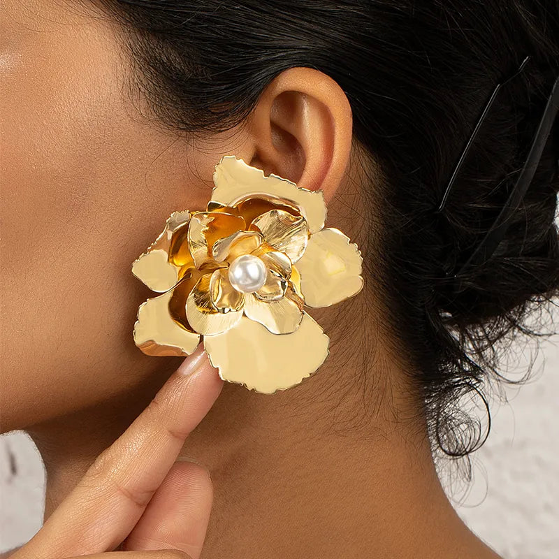 Gold Floral Pearl Statement Earrings