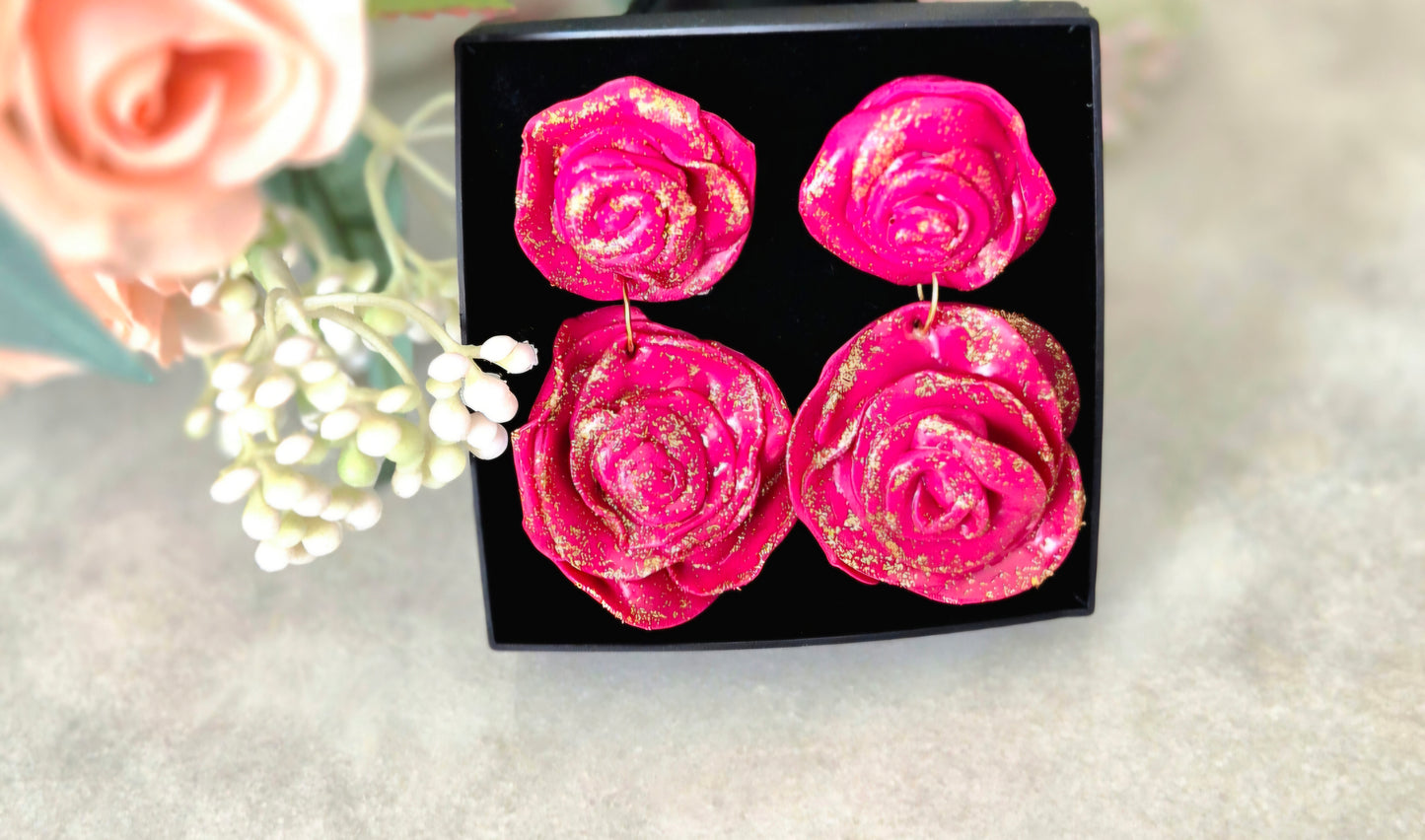 Pink Rose Drop Earrings – Handmade Floral Statement Jewelry with Gold Glitter Accents