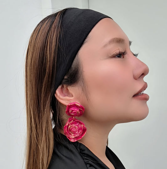 Pink Rose Drop Earrings – Handmade Floral Statement Jewelry with Gold Glitter Accents